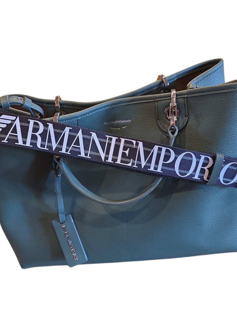 Emporio Armani Green Leather Tote Bag with Logo Strap